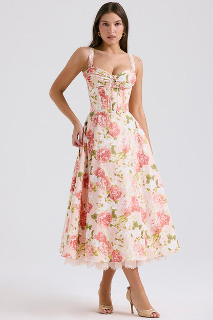 Camellia | Women's Floral Corset Cotton Midi Dress
