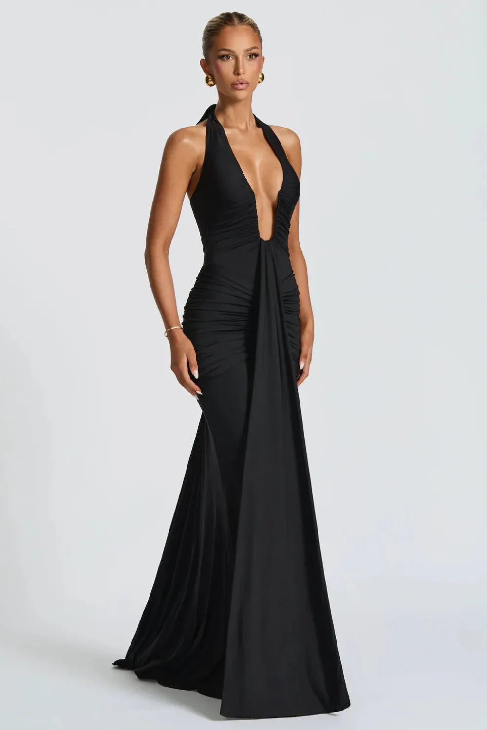 Bernadette | Elegant Plunging U-Wire Draped Jersey Maxi Dress