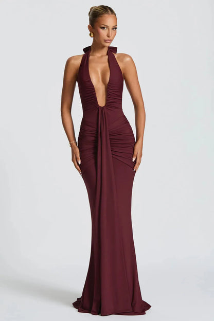 Bernadette | Elegant Plunging U-Wire Draped Jersey Maxi Dress