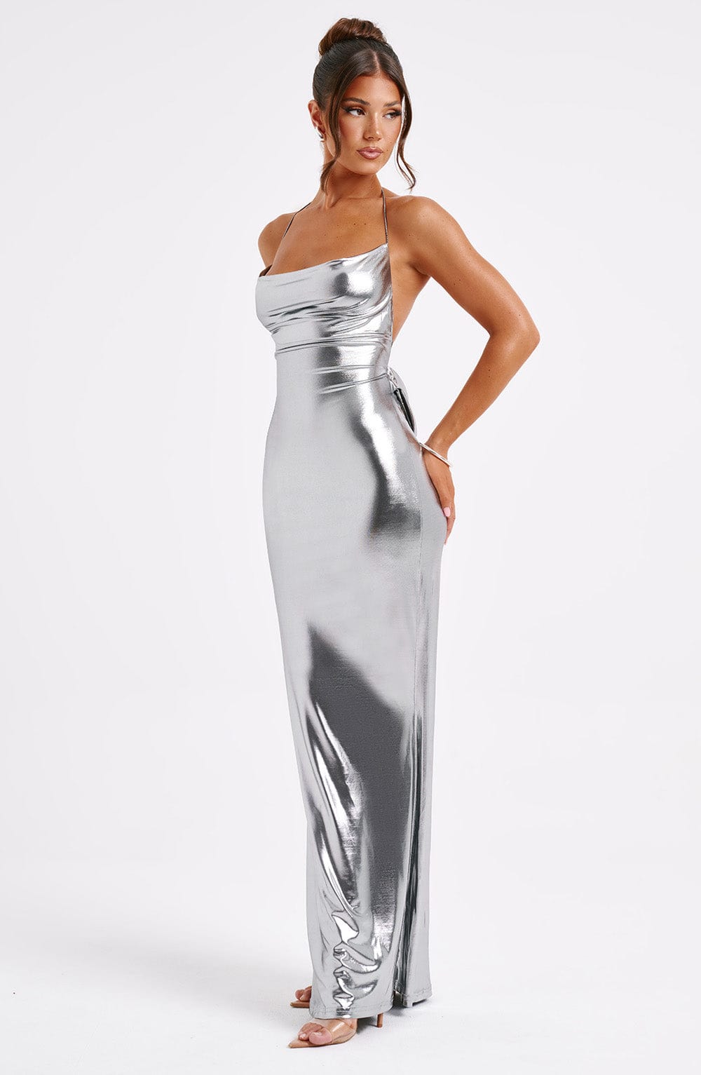 Zaria | Gunmetal Metallic Maxi Dress – Backless Evening Gown
