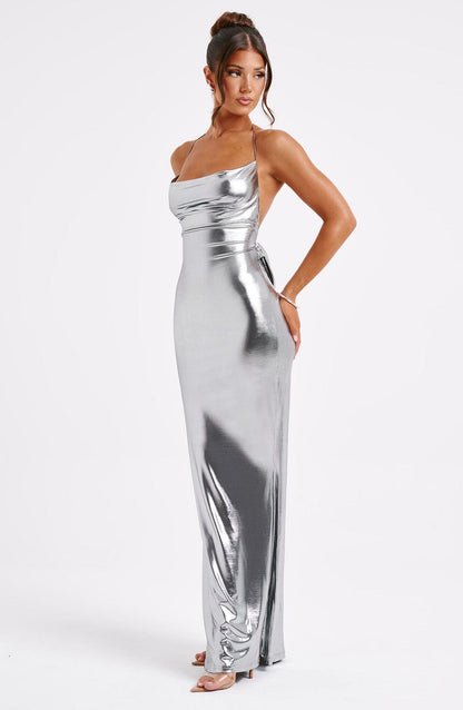 Zaria | Gunmetal Metallic Maxi Dress – Backless Evening Gown