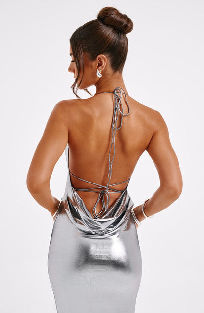 Zaria | Gunmetal Metallic Maxi Dress – Backless Evening Gown