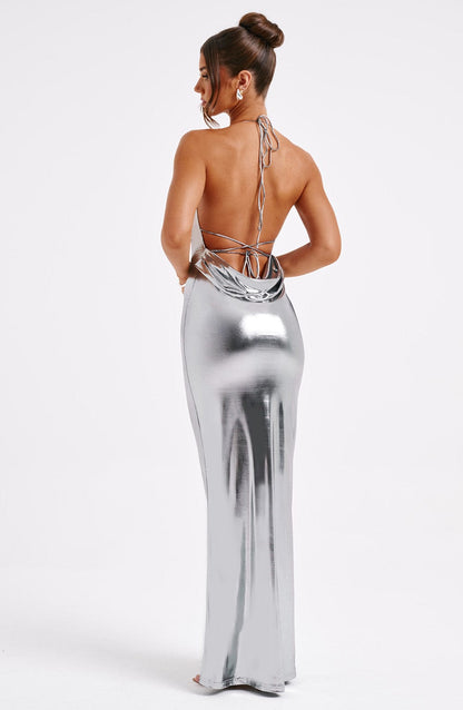 Zaria | Gunmetal Metallic Maxi Dress – Backless Evening Gown
